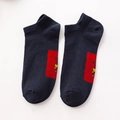 Navy blue low-cut cotton socks featuring a red rectangle with a yellow cartoon bear - Men Short Tube / Navy Blue
