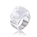 Modern wide band stainless steel ring with a large faceted clear crystal stone - Size 9 / Faceted Gemstone Ring (KR31897-K) / White (Silver Tone)