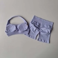 Violet two-piece seamless yoga set with halter neck sports bra and scrunch butt shorts - S / Lavender