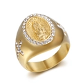Gold plated hip hop Virgin Mary ring with white crystals and side cross details - US 7 / Gold
