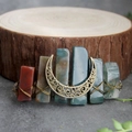 Handmade bohemian crescent moon hair crown with raw natural crystals on wood - Indian Agate Moon Hair Clip
