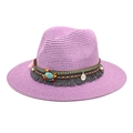 Detail of lavender straw fedora featuring turquoise stone and ethnic beaded tassel band - Taro Purple