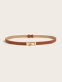 Detail of slim brown leather belt featuring a gold-tone twist-lock buckle and cross texture - (Gold Buckle) Cross Pattern Lock Adjustable Belt (Khaki)