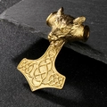 Golden Viking Mjölnir pendant with intricate wolf head and Celtic knot engravings - 83*54mm Wolf Head Mjolnir (KP83342-BDJX)