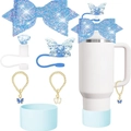 Blue glitter butterfly straw cover set with silicone boot and gold charm chains for cups - Blue