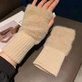 Détails des mitaines en peluche beige avec fausse fourrure et poignets en tricot extensible - Kaki