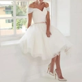 Elegant white off-shoulder short wedding dress with pink belt and layered tulle skirt - S (US 2) / Ivory