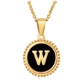 18K gold stainless steel necklace featuring a black shell round pendant with letter W - Gold W (With Chain)