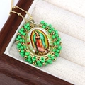 Bohemian Guadalupe pendant necklace with green beads and gold chain on display - Green