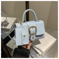 Detail van lichtblauwe crossbodytas met gouden gesp en bijpassende mini-kaarthouder - Blauw