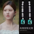 Detail of square emerald pendant earrings with sparkling cubic zirconia on silver setting - Silver-Green (S925 Silver Needle)