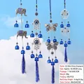 Blue Evil Eye metal wind chime pendants with elephant, hand of Fatima and tree of life - Ethnic Style Blue Tassel Pendant (NO.19)