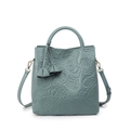 Gray-blue leather handbag with embossed flower patterns and tassel charms with shoulder strap - L29cm*W12cm*H29cm Handle 10cm / Mint Green