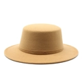 Detail of camel wool felt flat top fedora hat with wide brim and smooth texture - M (56-58cm) / Camel