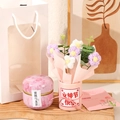 Peach Oolong tea gift set with pink handmade knit flowers and wooden tray - Tea Canister + Gift Bag + Card / Purple Goddess Day Puff Hug Bucket