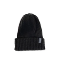 Close-up of the black rib-knit beanie showing the Freedom fabric label detail and texture - Black