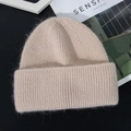 Plush light beige knit rabbit fur hat for winter with thick double layers for warmth - M (56-58cm) / Apricot