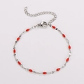 Bohemian stainless steel chain bracelet featuring red enamel oval beads and lobster clasp - Silver + Red Enamel