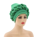 Detail of green sequin braided turban showing texture and sparkling craftwork - Green with Green