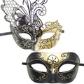 Set of black and gold Venetian masquerade masks with laser-cut metal wings and rhinestones - Gold Couple Butterfly Mask And Half Face Mask