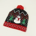 Bonnet de Noël à LED avec motif de bonhomme de neige, pompon rouge et bouton ON/OFF - Adulte (Élastique) / Bonhomme de Neige Noir (Sans Revers)