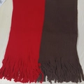 Chunky knit scarf in red and brown color blocking with fringe ends on wood background - Red and Coffee