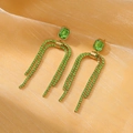 Macro view of French vintage emerald green tassel earrings in 18K gold plated steel - Gold Green (NMSE-C245-1)