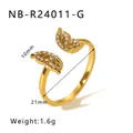 Anello a doppio strato in acciaio dorato con foglie di zirconi e perle raffinate - Stile Aperto a Foglia Vuota Dorata (NB-R24011-G)