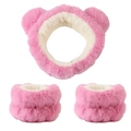 Plush pink and white bear-ear headband with matching soft wristbands for face washing - Rose Red - 3-piece Set (the Wrists Have 3 Hand-stitched Seams)