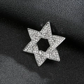 Silver star of david brooch with white crystals on black leather background - Hexagram Silver