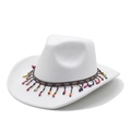 White wool western cowboy hat with colorful beads and bohemian tribal band decoration - M (56-58cm) / White