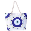 Detail of canvas tote bag with evil eye mandala print and thick white rope handles - Blue and Yellow Evil Eye