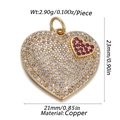 Detail of gold heart pendant with white and red zircons, copper, 21mm x 23mm, 2.90g - Pave Heart with Red Small Heart (CX155-02)