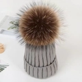Winter chunky knit beanie in grey with large brown raccoon fur pompom for women - Adult / Gray