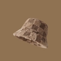 Winter fluffy checkerboard bucket hat for women in premium brown faux rabbit fur texture - One Size / Khaki