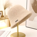 Chic knit bucket hat in oatmeal beige with thick honeycomb texture for winter warmth - M (56-58cm) / Beige