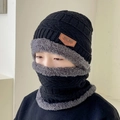 Winter knit hat and neck warmer set in black with gray thick faux fleece lining - Kids Style (Hat And Neck Warmer) / Black