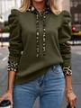 Women's dark olive hoodie with leopard print patchwork sleeves and drawstring hood - S / Army Green Patchwork Leopard