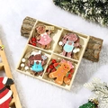 Detail of four cartoon gingerbread man wooden ornaments in a grid box with rustic hemp rope - Colorful Female Gingerbread Man 4-Grid Set
