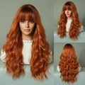 Three-way view of ginger orange long wavy wig with bangs showing front side and back - 64cm / Pumpkin Orange Ombre