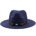 Detail of navy straw Panama hat featuring a leather band with turquoise and wooden beads - Navy Blue