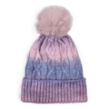 Close-up of winter knit beanie with thick cable patterns and gradient pink blue purple hues - Pink Purple Gradient