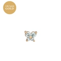 Detailed macro view of 14K solid gold butterfly stud earring with clear zircon inlay - March Aquamarine Blue