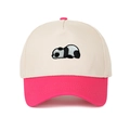 Close-up of the detailed panda embroidery on a two-tone cotton baseball cap with pink visor - Adjustable / Rose Red