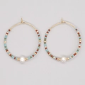Bohemian large hoop earrings with colorful beads and white pearl accent - Morandi Multicolor Pearl (MI-E220218D)