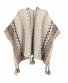 Retro ethnic knit shawl in beige with brown stripes and decorative fringe details - Cardigans / White