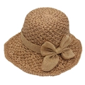 Foldable vintage summer straw sun hat with large bow decoration for beach outings - Adjustable / Khaki