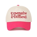 Macro detail of red 3D embroidery text on two-tone beige and pink baseball cap - Off-white/Rose Red
