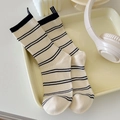 Beige and navy striped crew socks with knit texture and decorative heel pull tabs - One Size / Striped Beige