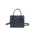 Chic tweed checkered crossbody bag with colorful fringes and blue leather strap - Colorful Plaid